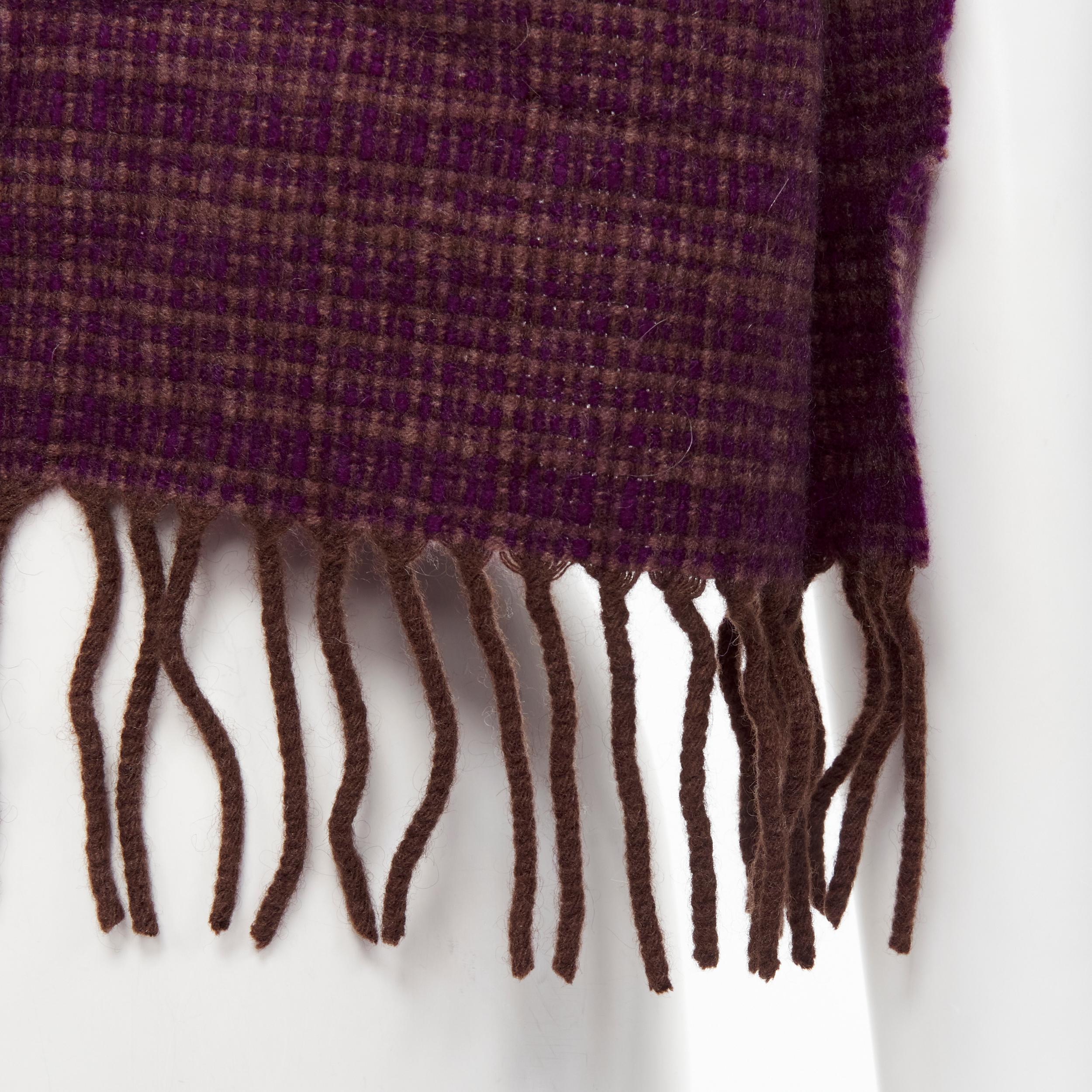 MAX MARA 100% cashmere brown purple woven tassel fringe scarf 
Reference: MAWG/A00074 
Brand: Max Mara 
Material: Cashmere 
Color: Purple 
Pattern: Check 
Made in: Italy 

CONDITION: 
Condition: Excellent, this item was pre-owned and is in excellent