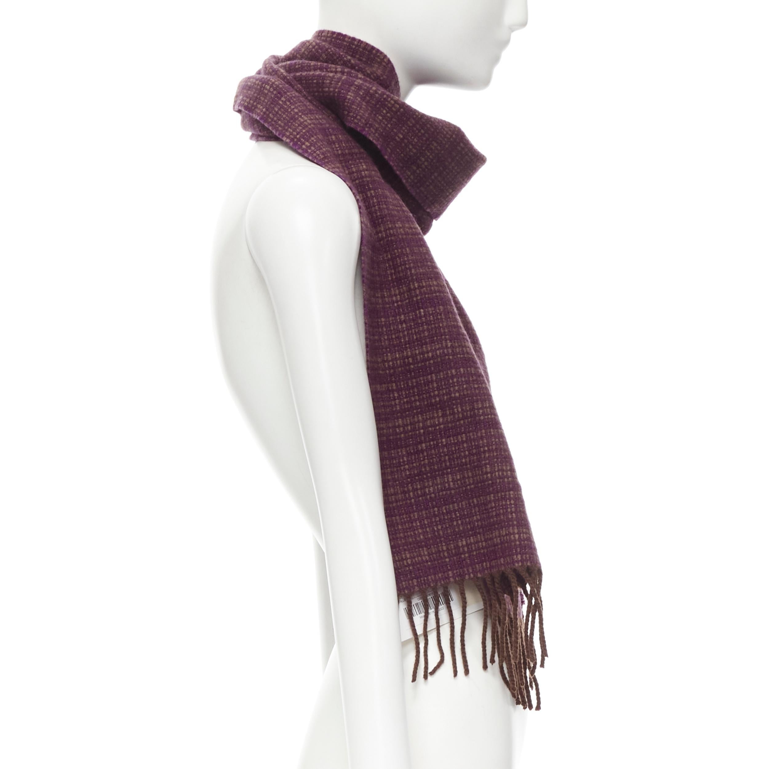 MAX MARA 100% cashmere brown purple woven tassel fringe scarf In Excellent Condition For Sale In Hong Kong, NT