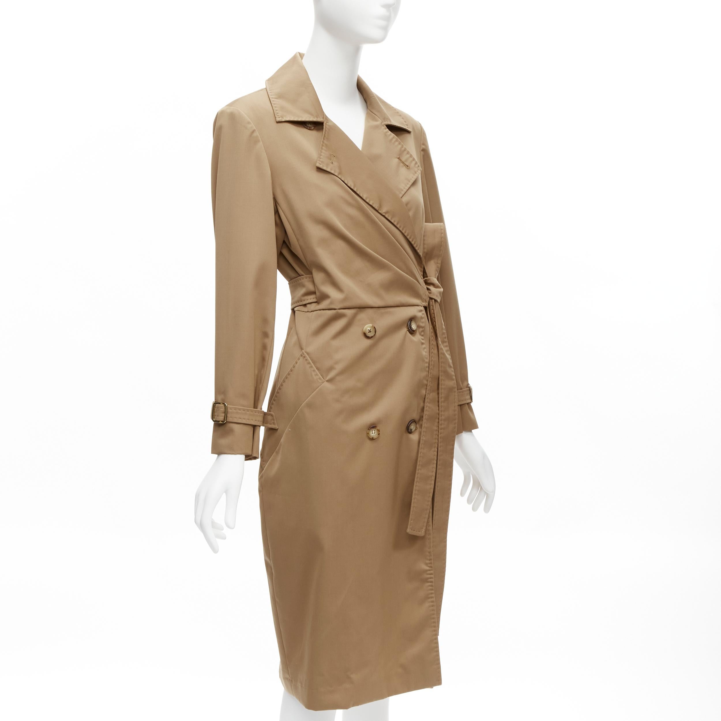 Brown MAX MARA 100% virgin wool tan wrap tie trench coat dress IT42 M For Sale