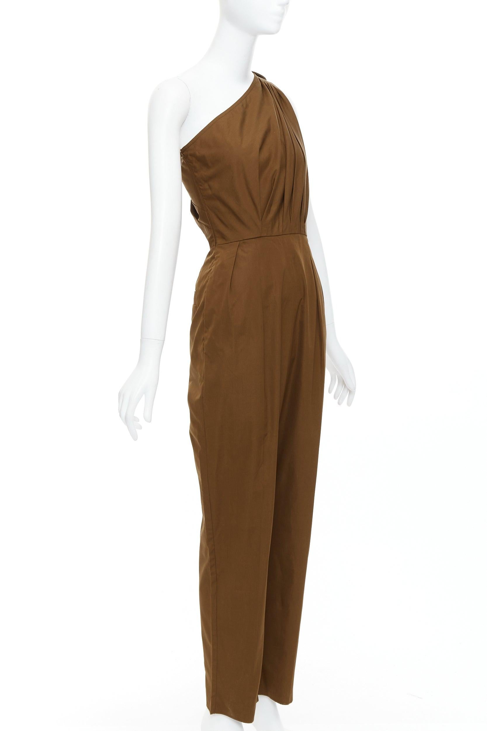 Brown MAX MARA Avola brown cotton poplin one shoulder leather trim jumpsuit IT36 XXS For Sale