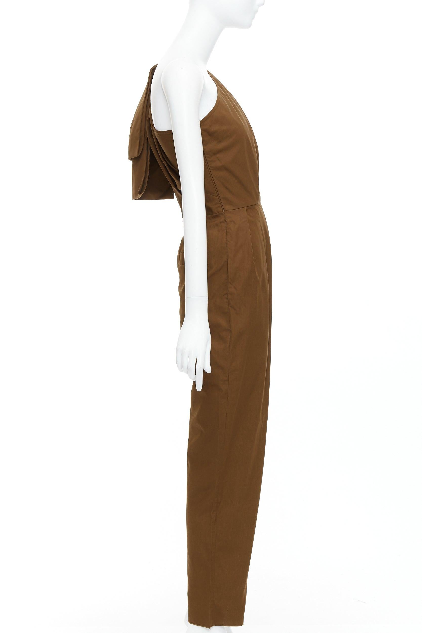 MAX MARA Avola brown cotton poplin one shoulder leather trim jumpsuit IT36 XXS In Excellent Condition For Sale In Hong Kong, NT