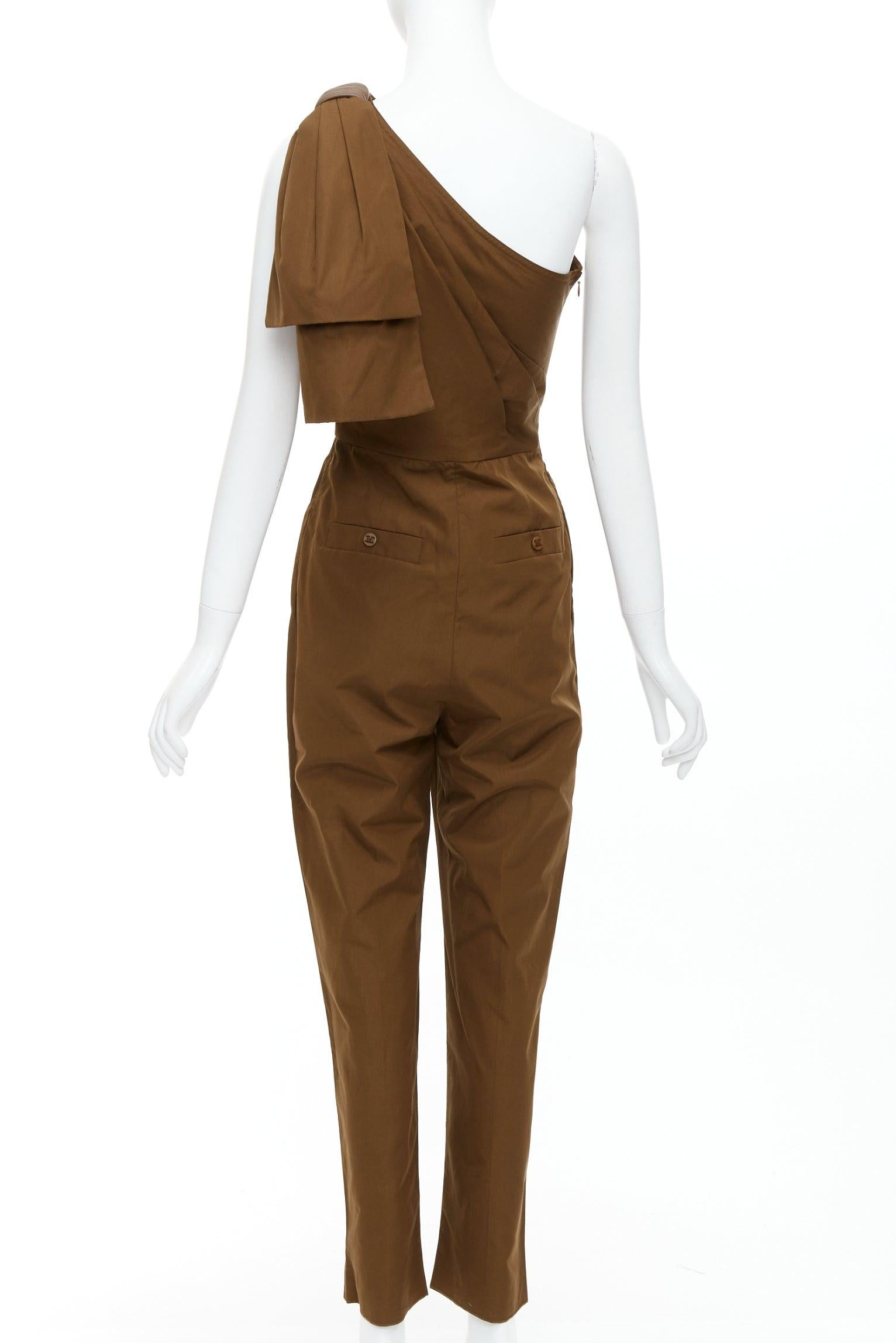 Women's MAX MARA Avola brown cotton poplin one shoulder leather trim jumpsuit IT36 XXS For Sale
