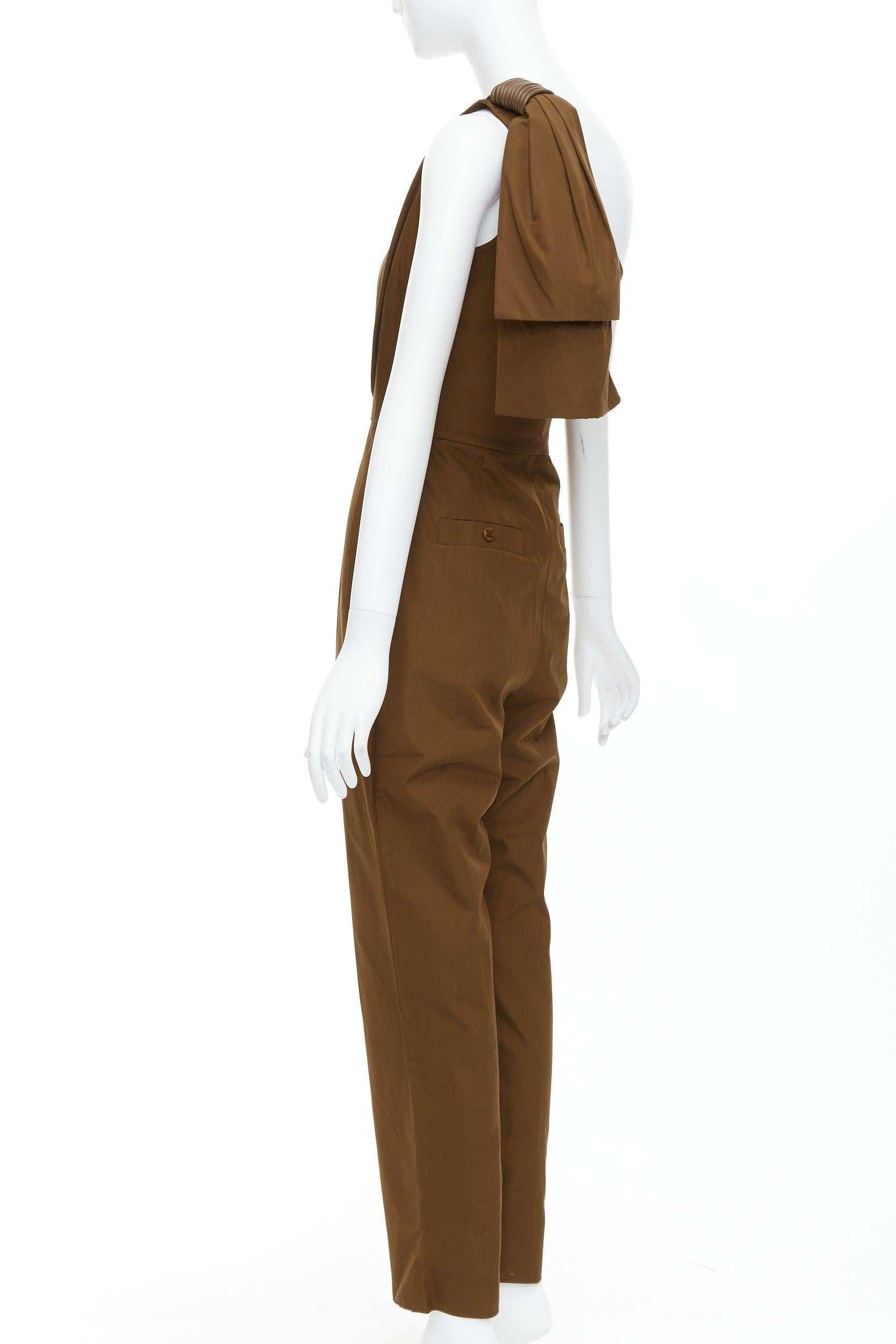 MAX MARA Avola brown cotton poplin one shoulder leather trim jumpsuit IT36 XXS For Sale 1