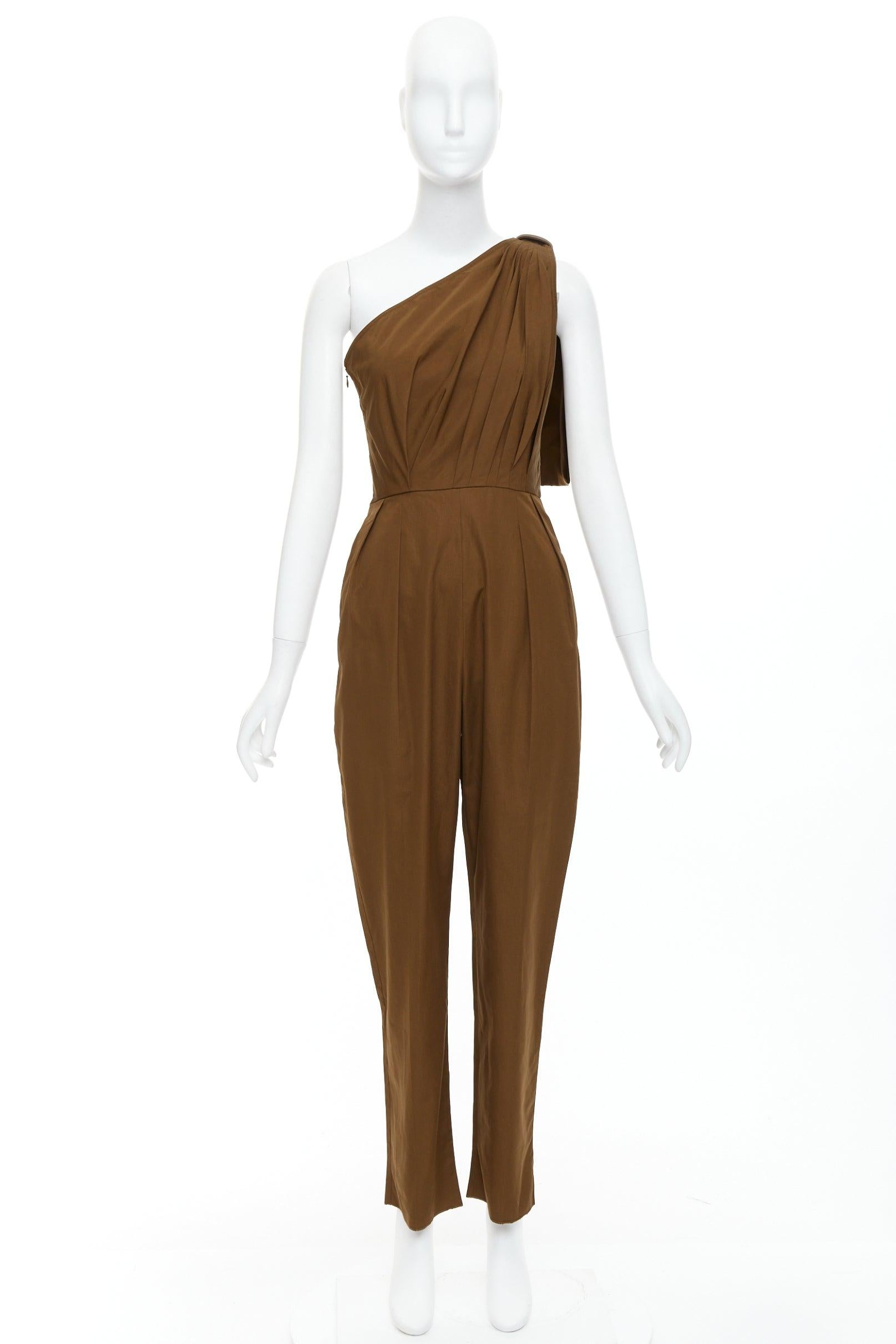 MAX MARA Avola brown cotton poplin one shoulder leather trim jumpsuit IT36 XXS For Sale 4