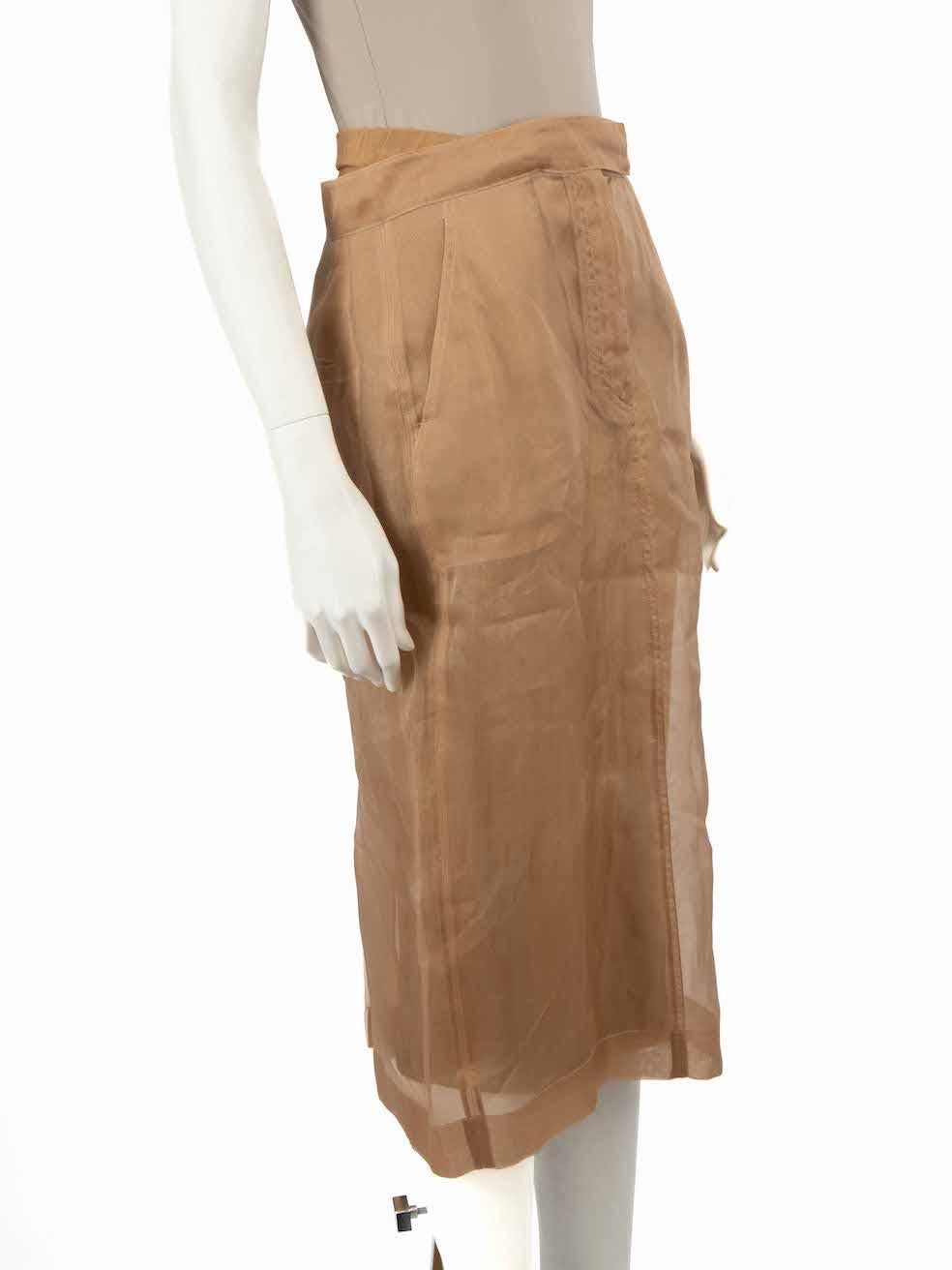 CONDITION is Very good. Minimal wear to skirt is evident. Care label has been removed on this used Max Mara designer resale item.
 
 
 
 Details
 
 
 Beige
 
 Silk
 
 Pencil skirt
 
 Midi
 
 Sheer overlay
 
 Jersey under skirt
 
 Fly zip, hook and