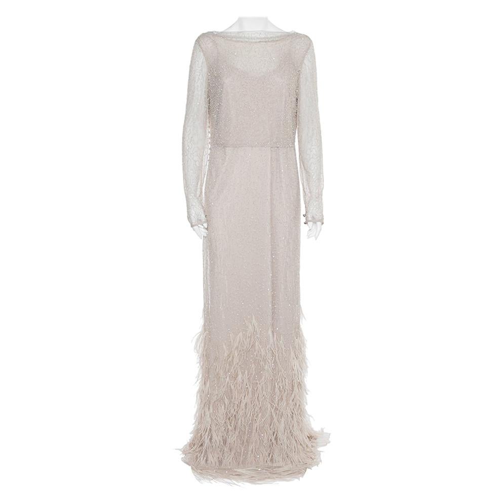 Max Mara Beige Tulle Sequin & Feather Embellished Gown M