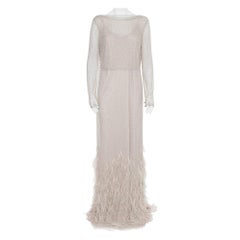 Max Mara Beige Tulle Sequin & Feather Embellished Gown M