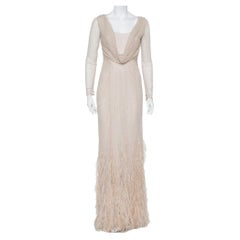 Max Mara Beige Tulle Sequin & Feather Embellished Gown S