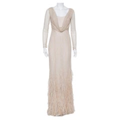 Used Max Mara Beige Tulle Sequin & Feather Embellished Gown S