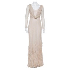 Max Mara Beige Tulle Sequin & Feather Embellished Gown S