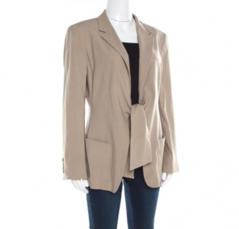 Max Mara Beige Wolle und Seide Front Krawattendetail Blazer L Damen im Angebot