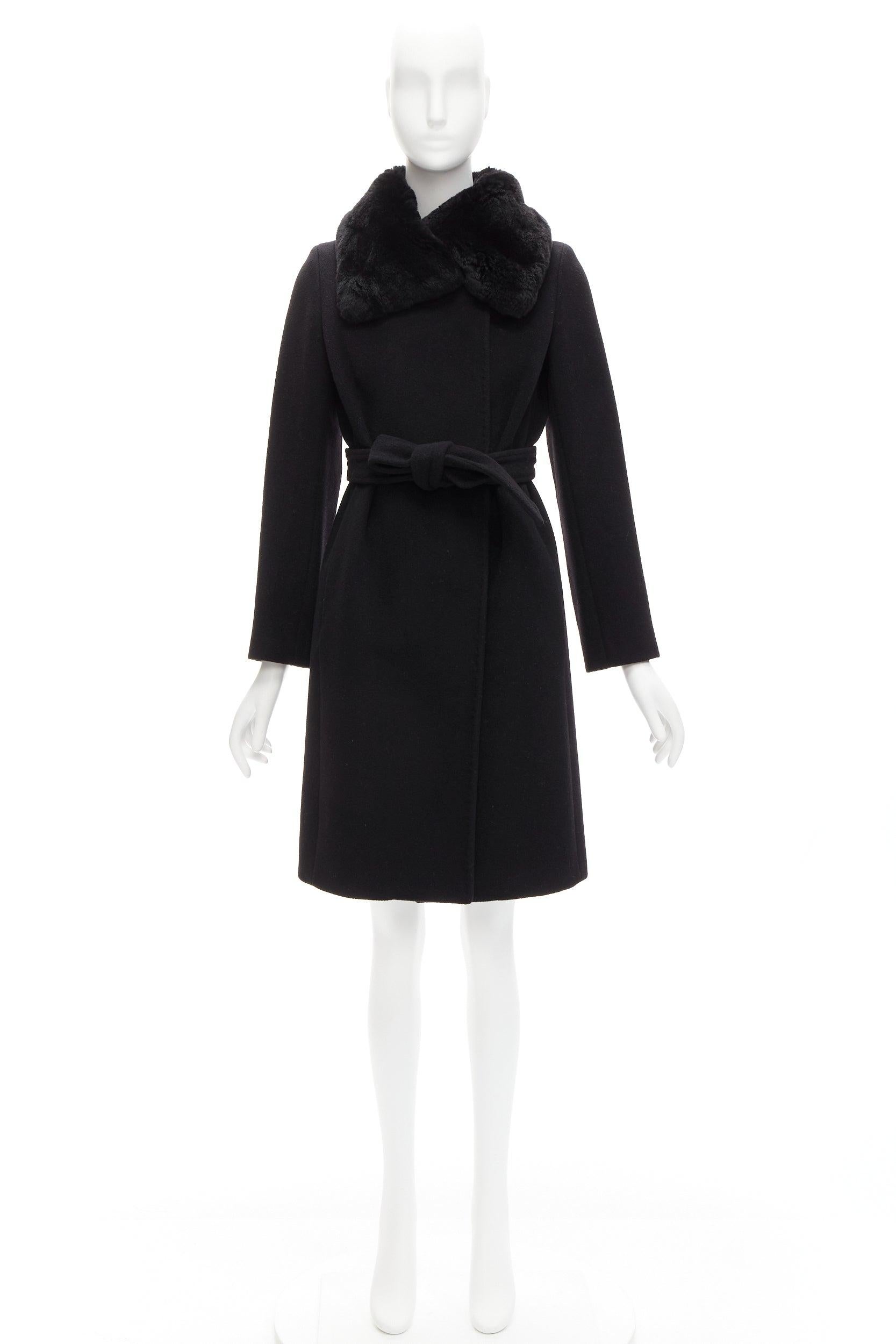 MAX MARA black fur collar virgin wool cashmere belted coat IT38 XS For Sale 5