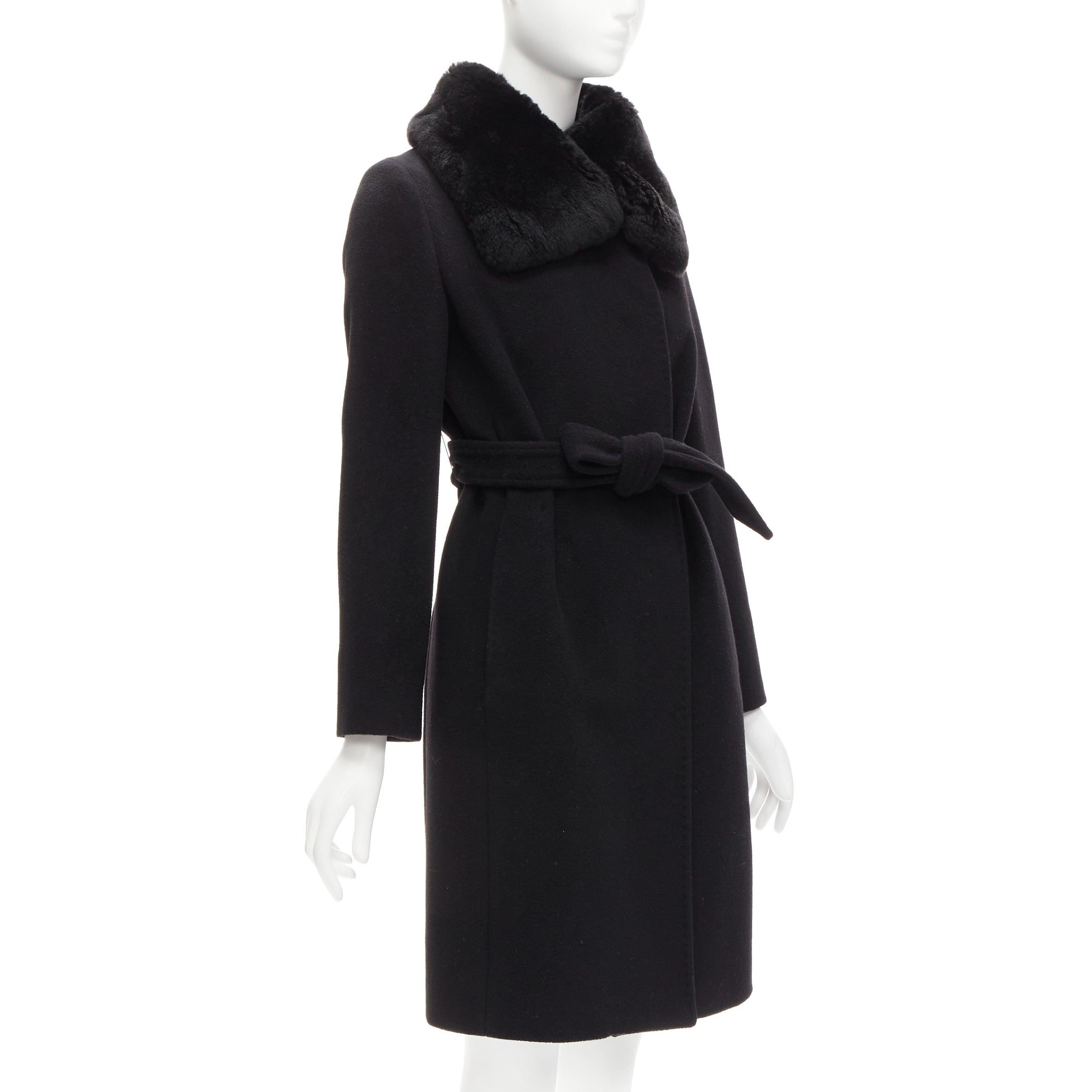 Black MAX MARA black fur collar virgin wool cashmere belted coat IT38 XS For Sale