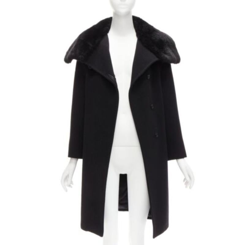 Black MAX MARA black fur collar virgin wool cashmere belted coat IT38 XS