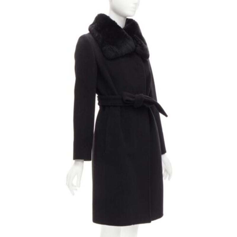 MAX MARA black fur collar virgin wool cashmere belted coat IT38 XS In Good Condition In Hong Kong, NT
