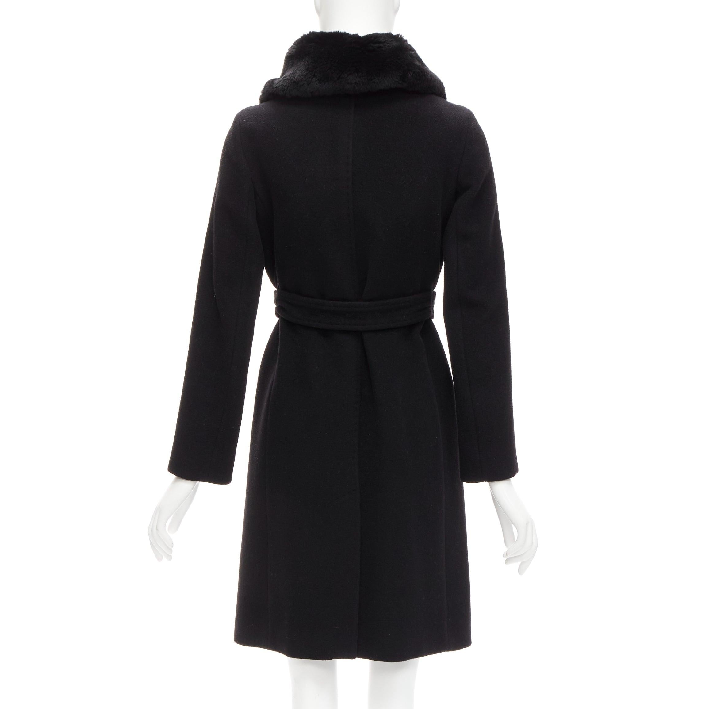 Women's MAX MARA black fur collar virgin wool cashmere belted coat IT38 XS For Sale