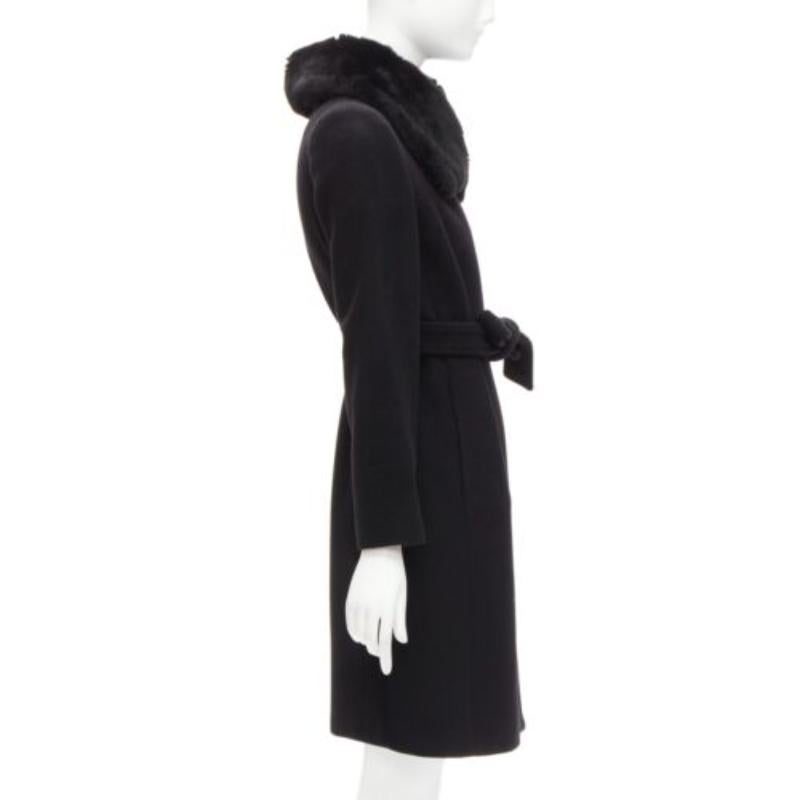 Women's MAX MARA black fur collar virgin wool cashmere belted coat IT38 XS