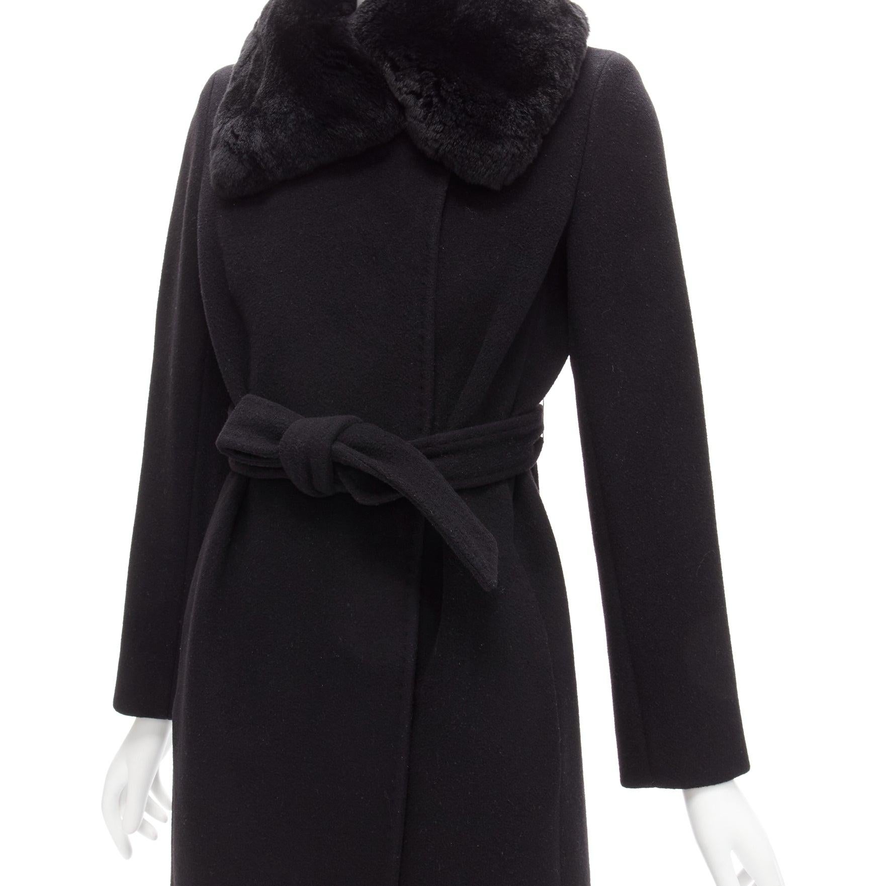 MAX MARA black fur collar virgin wool cashmere belted coat IT38 XS For Sale 2