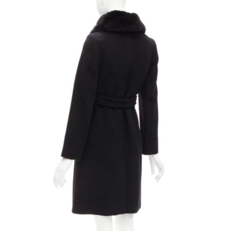MAX MARA black fur collar virgin wool cashmere belted coat IT38 XS 2