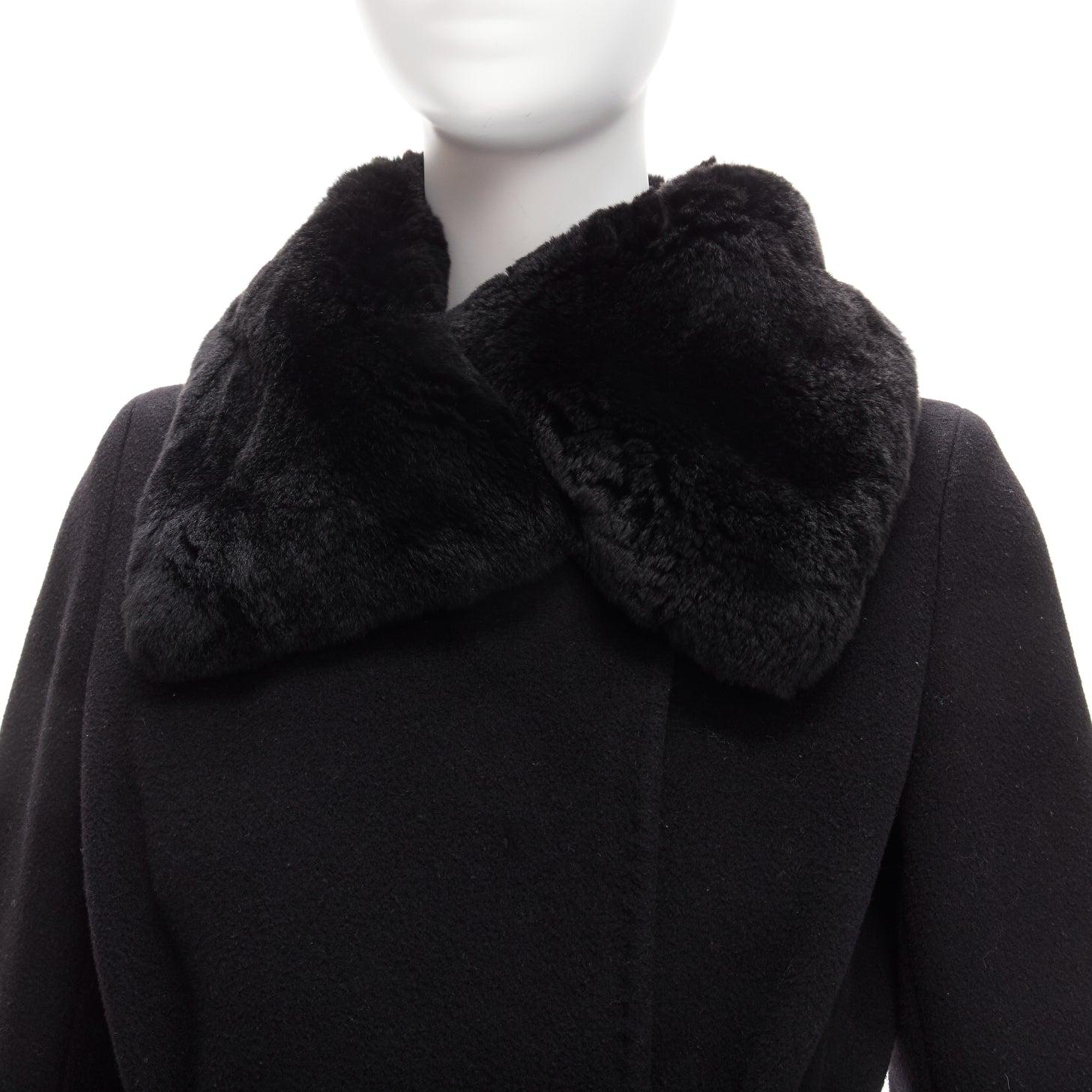 MAX MARA black fur collar virgin wool cashmere belted coat IT38 XS For Sale 3