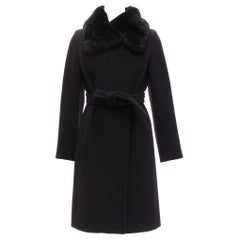 MAX MARA black fur collar virgin wool cashmere belted coat IT38 XS