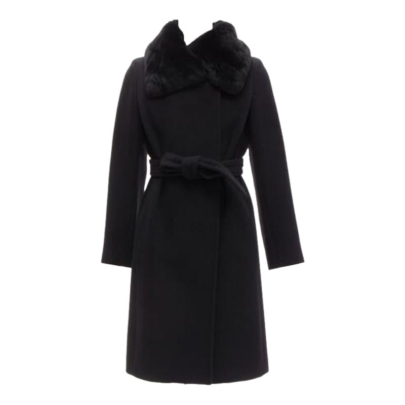 MAX MARA black fur collar virgin wool cashmere belted coat IT38 XS