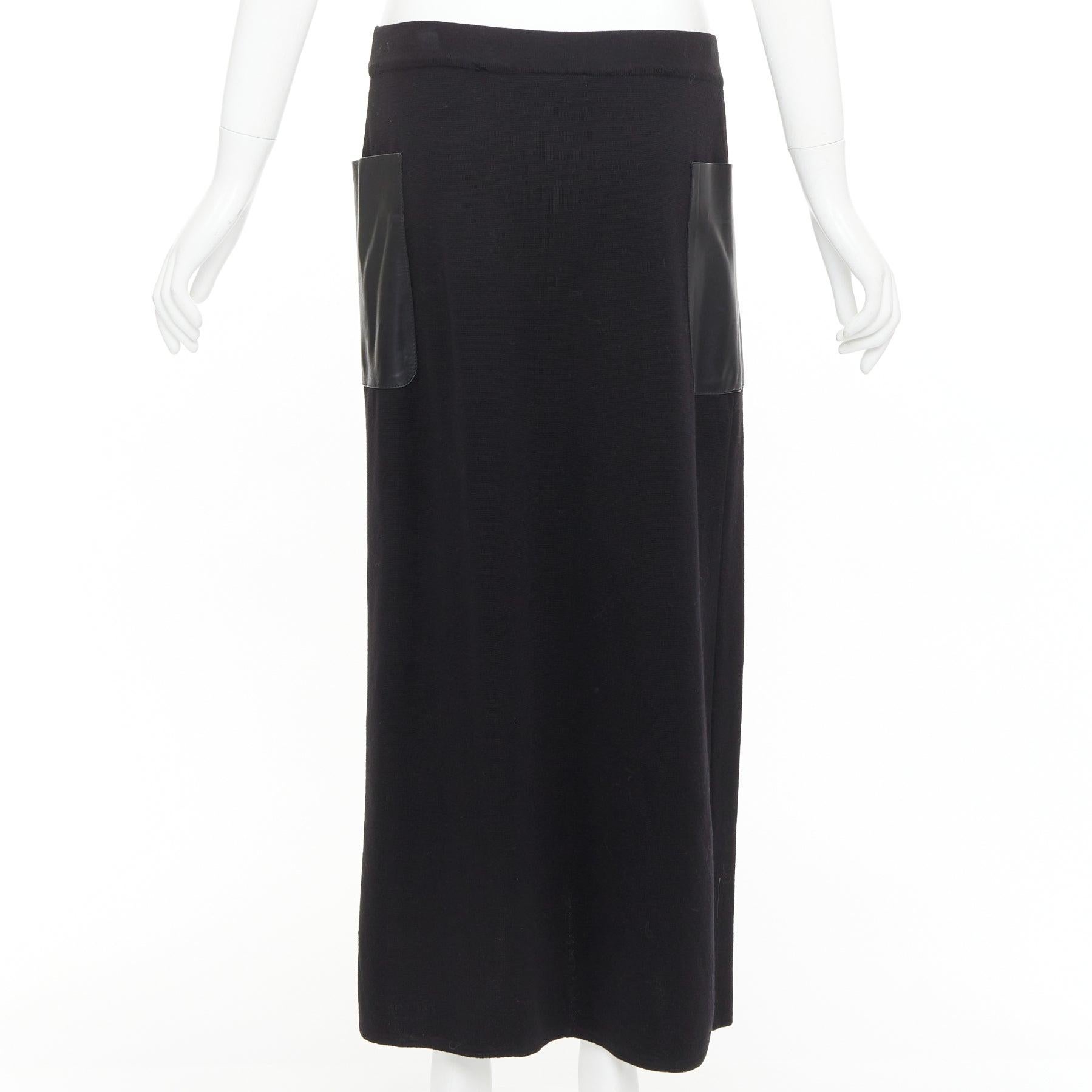 MAX MARA black leather patch pocket drape front mid waist midi skirt Negro en venta