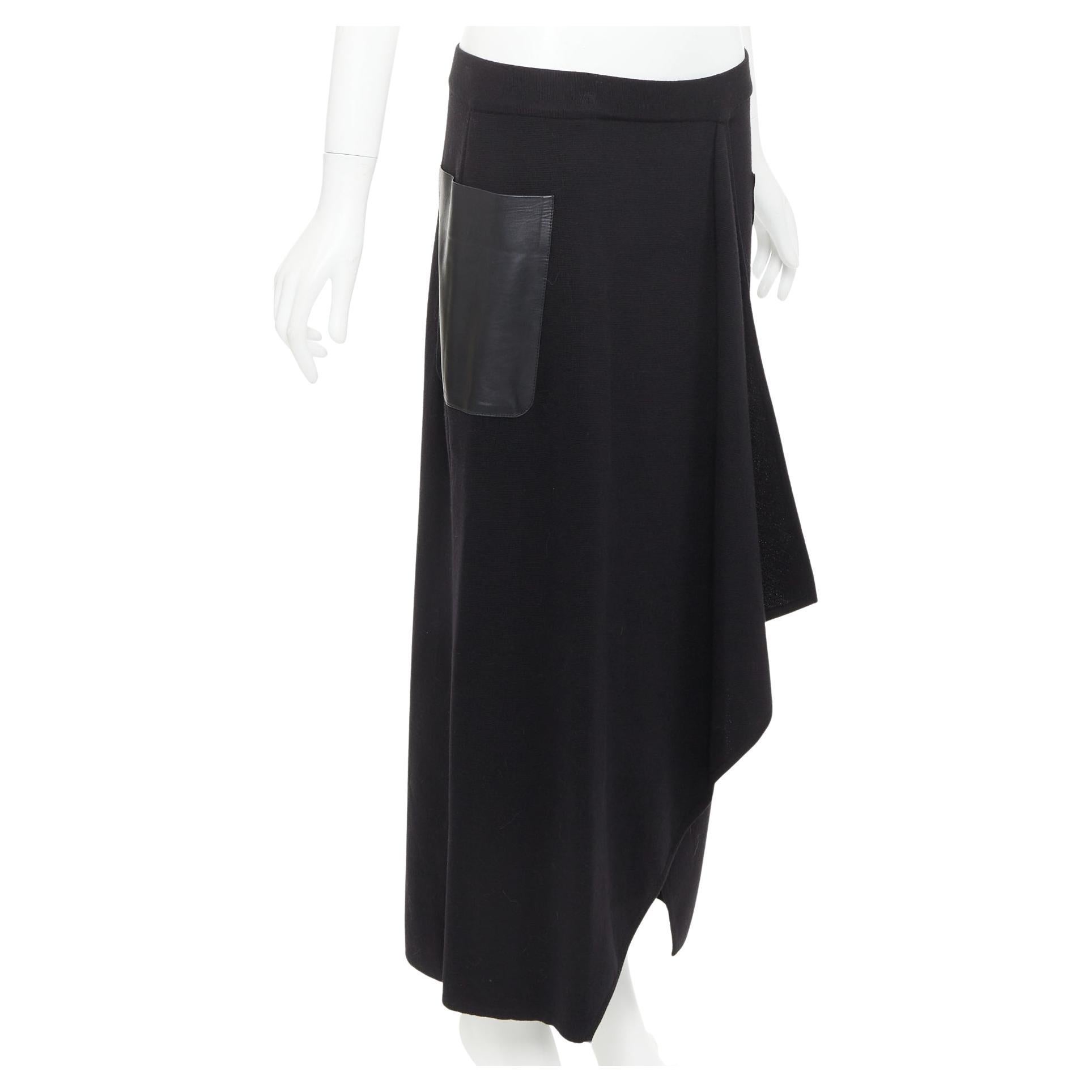 MAX MARA black leather patch pocket drape front mid waist midi skirt