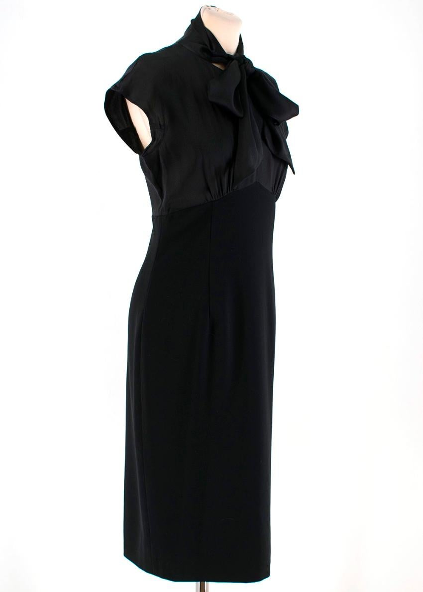 Max Mara - Black sleeveless midi dress 

- high neck
-  contrasting satin top
- polyester skirt
- self tie neck detail 
- button up neck with keyhole cut out 
- zip up fastening on the side
- midi length  
- split at the back of the skirt 

- fabric