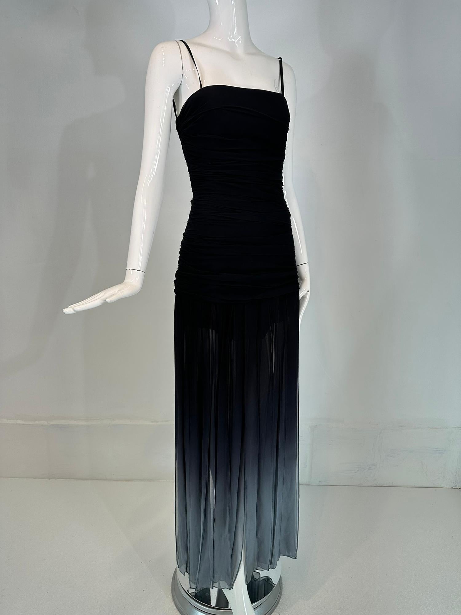 Max Mara BCBG black to grey ombre silk ruched torso car wash skirt evening dress. Gorgeous and sexy spaghetti strap dress of black silk with a fitted torso of ruched ruffles. The skirt is done in long strips of silk in gradient black to grey at the