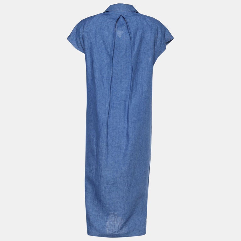 Max Mara - Robe tunique à manches courtes en lin bleu L En vente sur 1stDibs