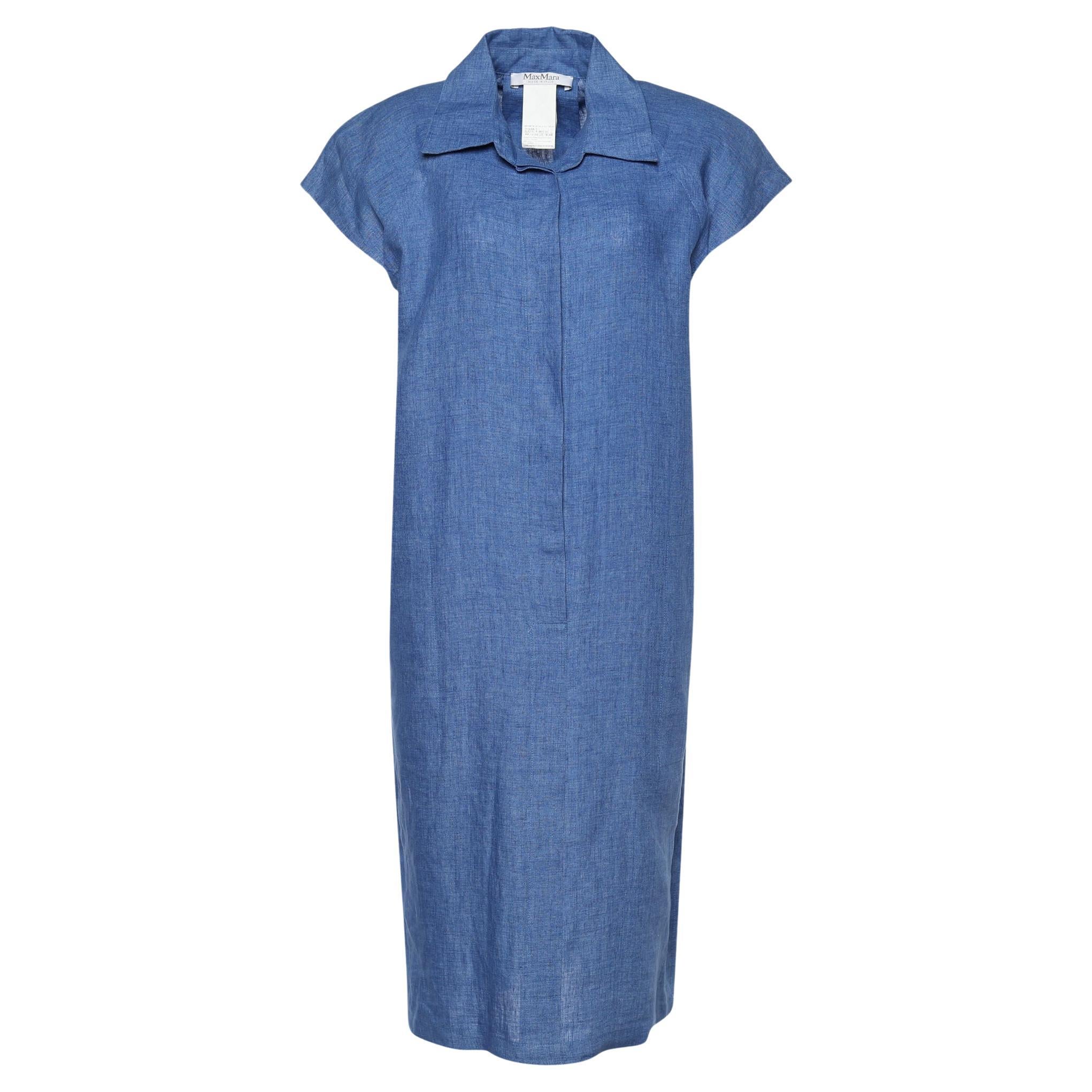 Max Mara Blue Linen Cap Sleeve Tunic Dress L