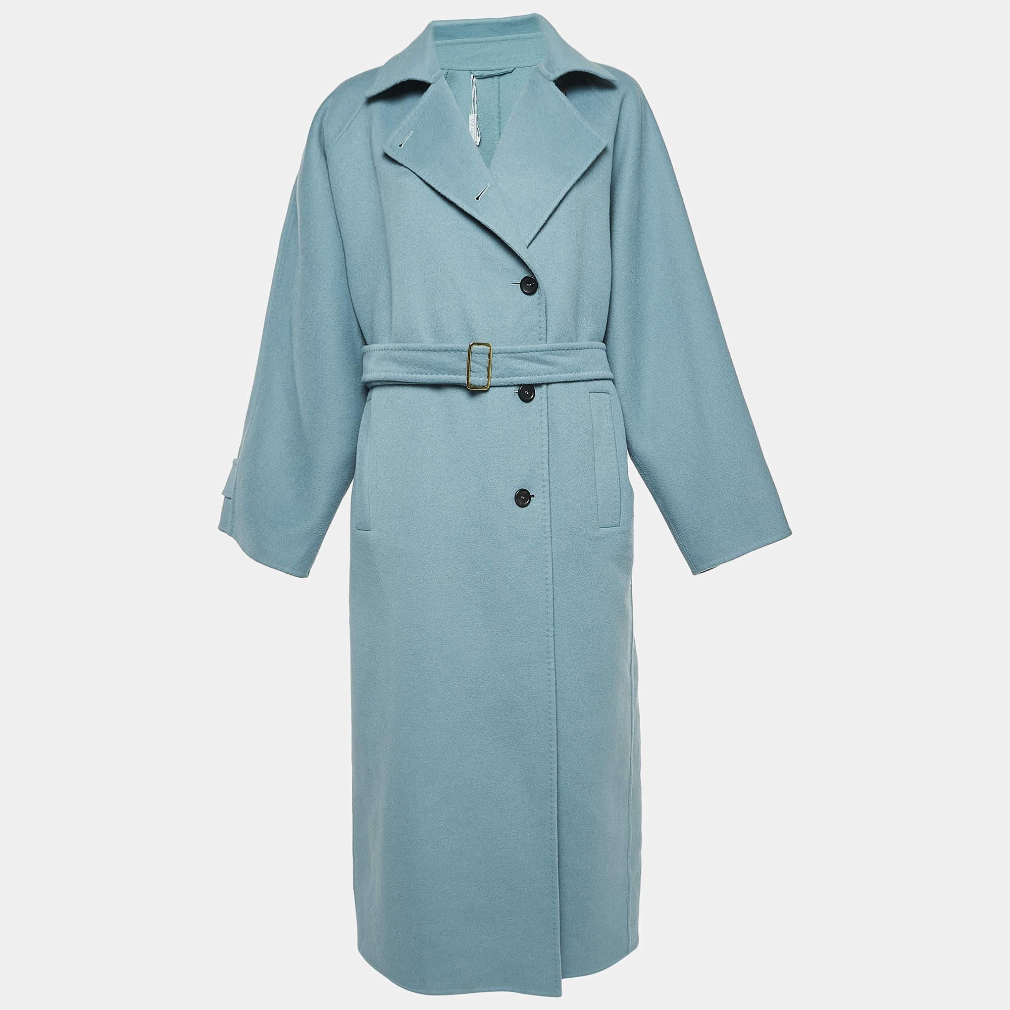 Max Mara Blue Wool Single Breasted Belted Trench Coat L In Excellent Condition For Sale In Dubai, Al Qouz 2