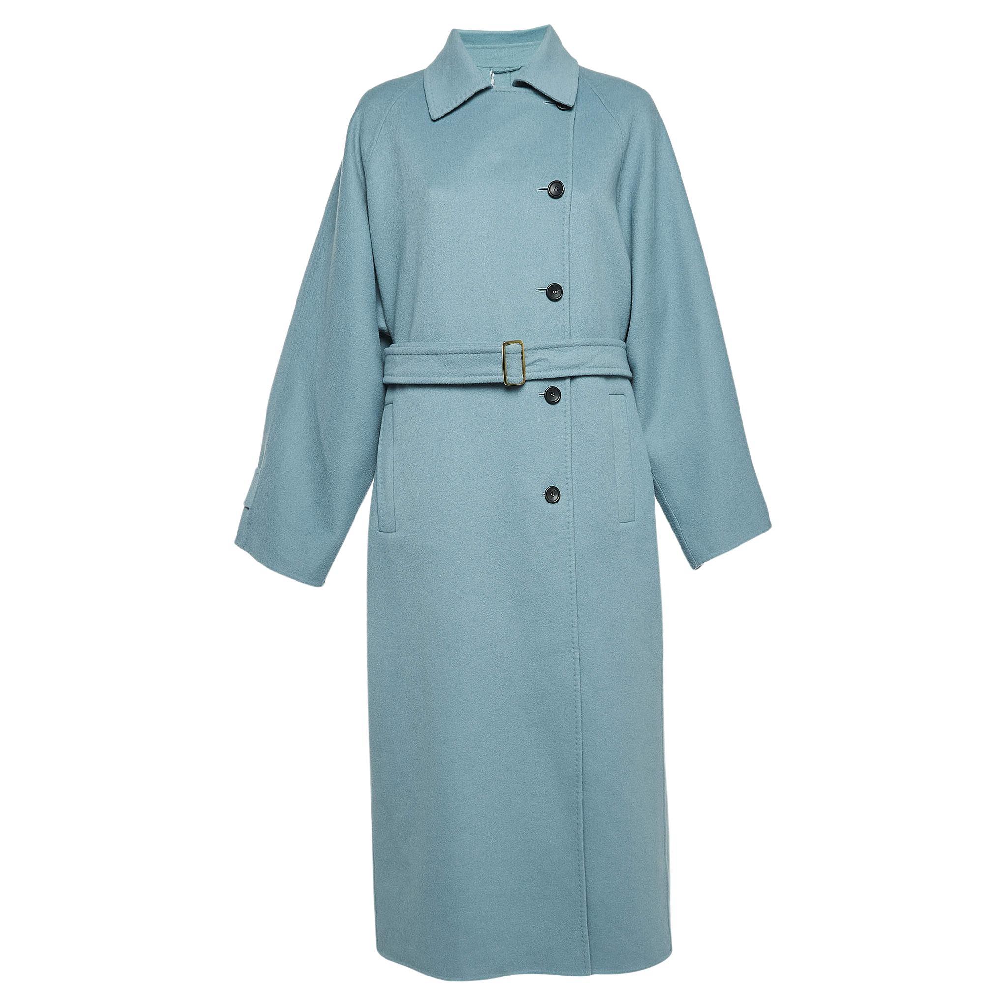 Max Mara Blue Wool Single Breasted Belted Trench Coat L For Sale