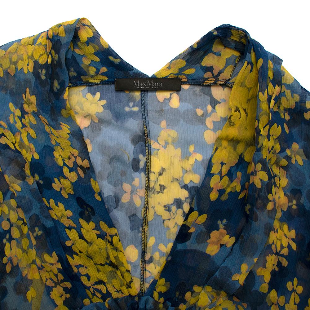 Max Mara Blue & Yellow Floral Silk Chiffon Ruffled Maxi Dress - Size Estimated M For Sale 2