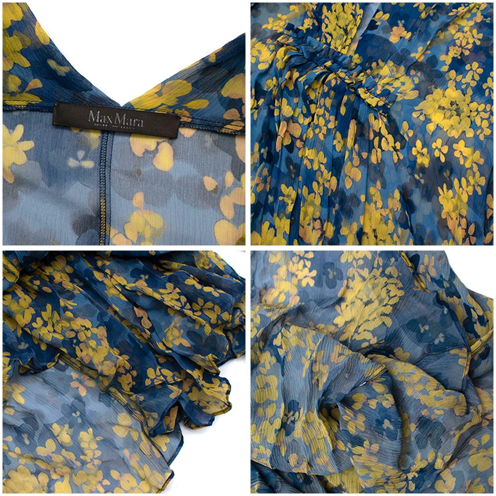 Max Mara Blue & Yellow Floral Silk Chiffon Ruffled Maxi Dress - Size Estimated M For Sale 3