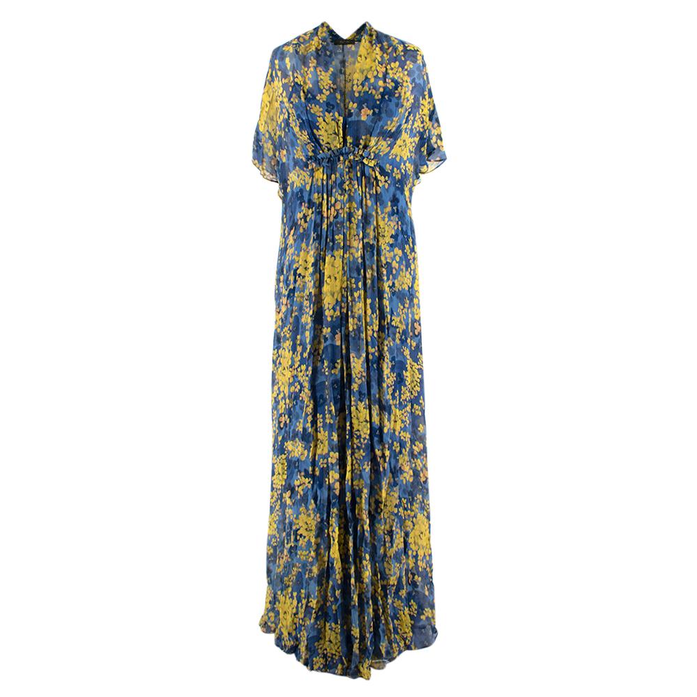 Max Mara Blue & Yellow Floral Silk Chiffon Ruffled Maxi Dress

-Made of a soft lightweight silk chiffon 
-Gorgeous floral print 
-Separate slip style blue undergarment 
-Ruffled detail to the waist 
-Flared skirt 
-Short sleeve 
-Elegant timeless