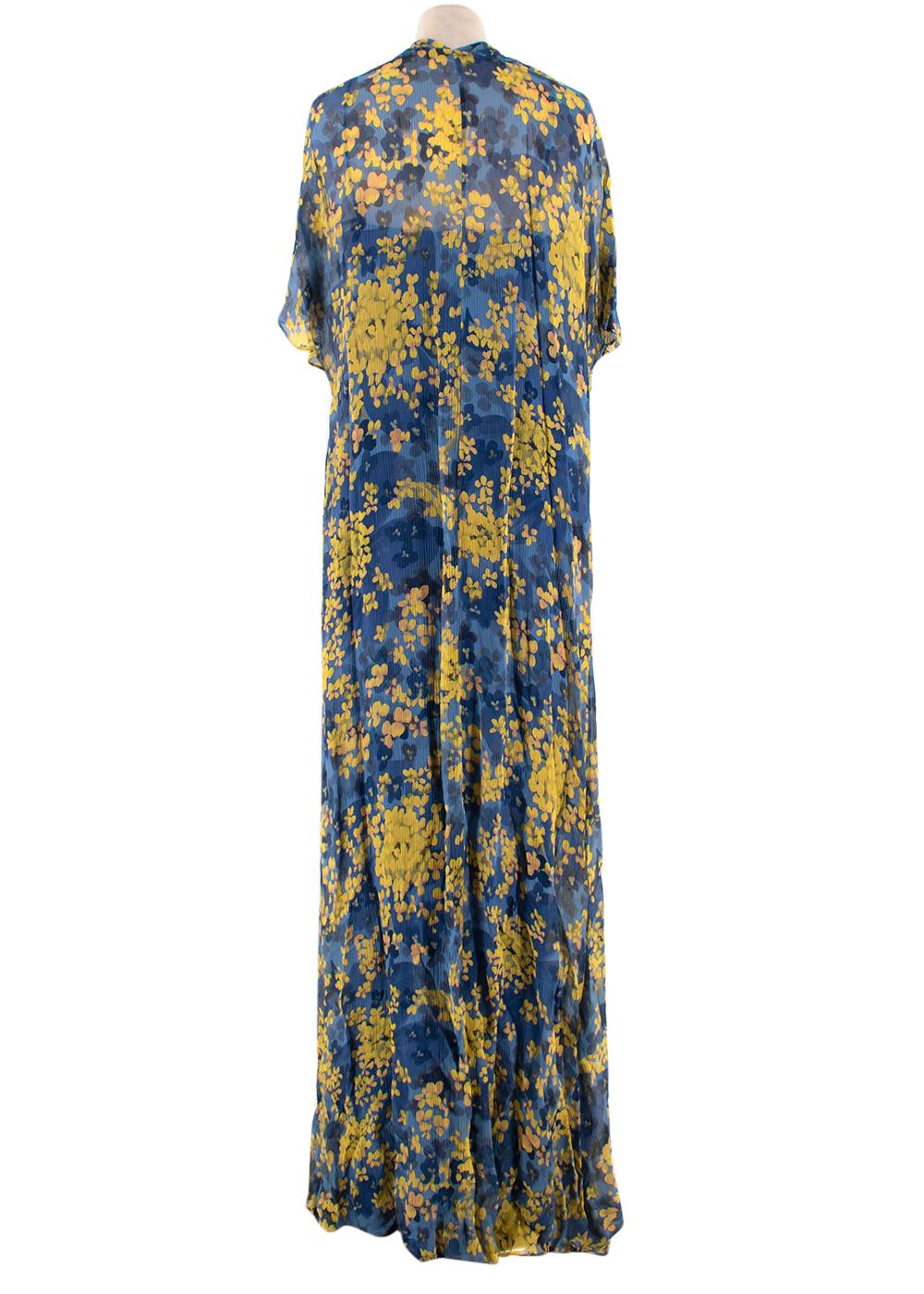 Gray Max Mara Blue & Yellow Floral Silk Chiffon Ruffled Maxi Dress - Size Estimated M For Sale