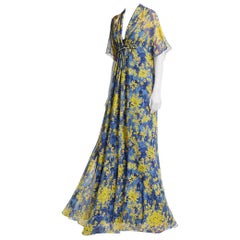 Max Mara Blue & Yellow Floral Silk Chiffon Ruffled Maxi Dress - Size Estimated M