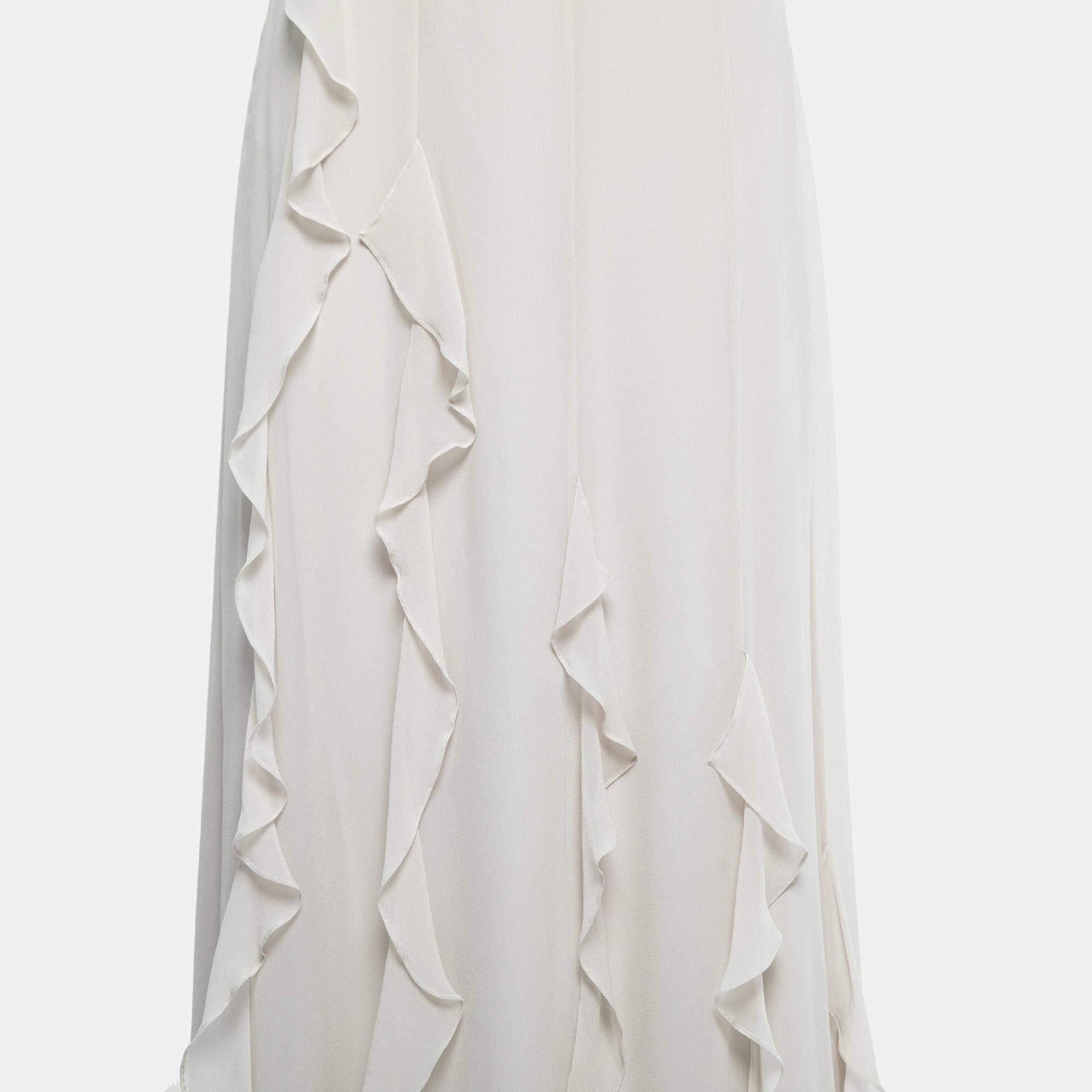 Gray Max Mara Bone White Silk Ruffled Serafin Maxi Skirt S For Sale