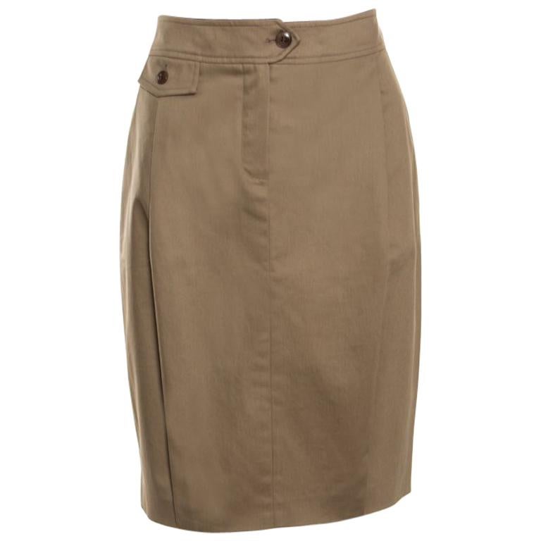Max Mara Brown Cotton Pleat Front Pencil Skirt M