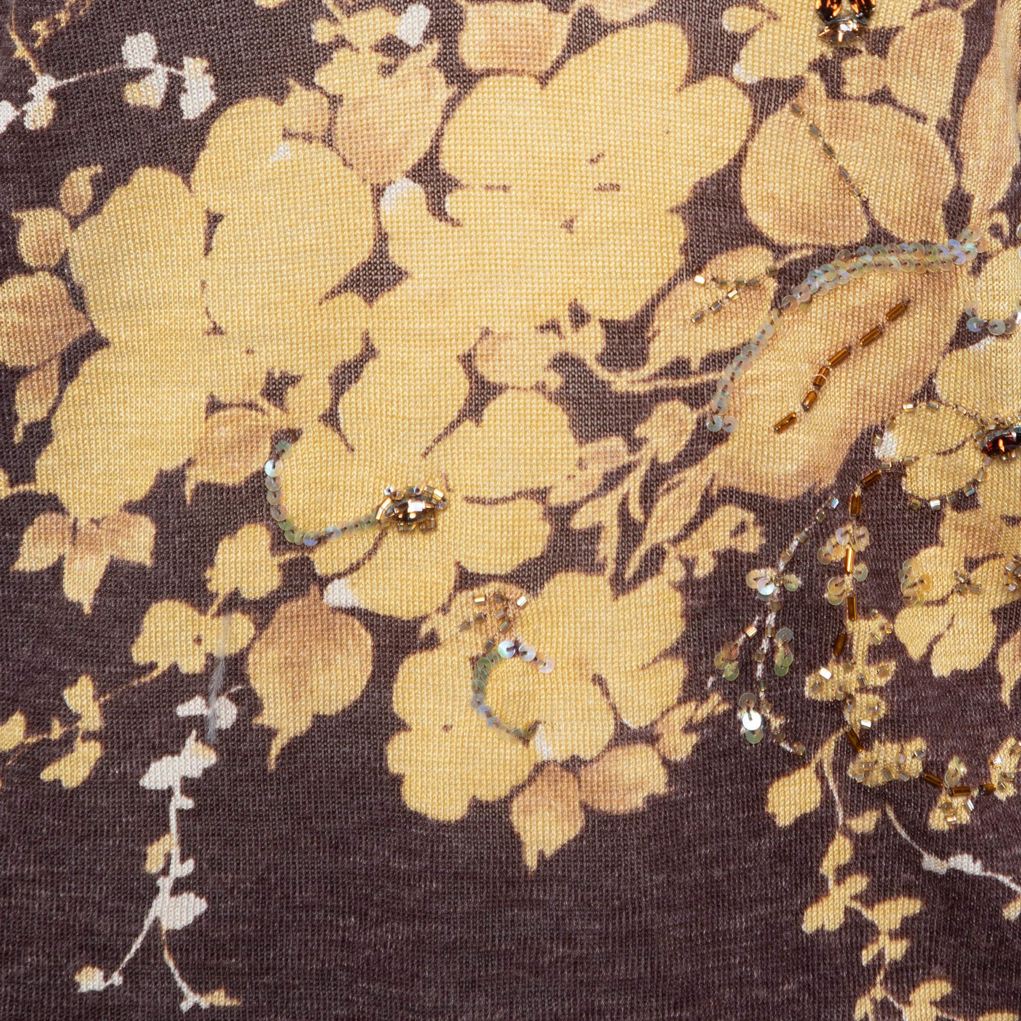 Max Mara Brown Floral Printed Silk & Linen Knit Embellished V-Neck Top L (Braun) im Angebot