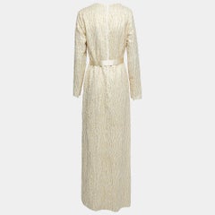 Max Mara Cream Lurex & Silk Long Sleeve Belted Maxi Dress M