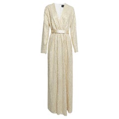 Max Mara Cremefarbenes Maxikleid mit langen Ärmeln aus Lurex und Seide mit Gürtel M