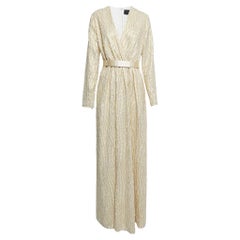 Max Mara Cream Lurex & Silk Long Sleeve Belted Maxi Dress M