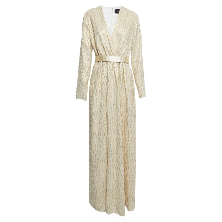 max mara cream dress Max Mara Cream Lurex and Silk Long Sleeve Belted Maxi Dress M at 1stDibs