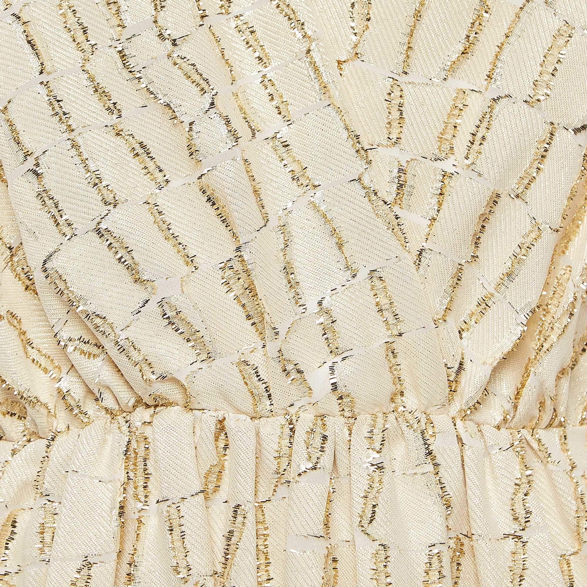 Max Mara Cream/Metallic Gold Brocade Silk Long Sleeve Maxi Dress S In Good Condition In Dubai, Al Qouz 2