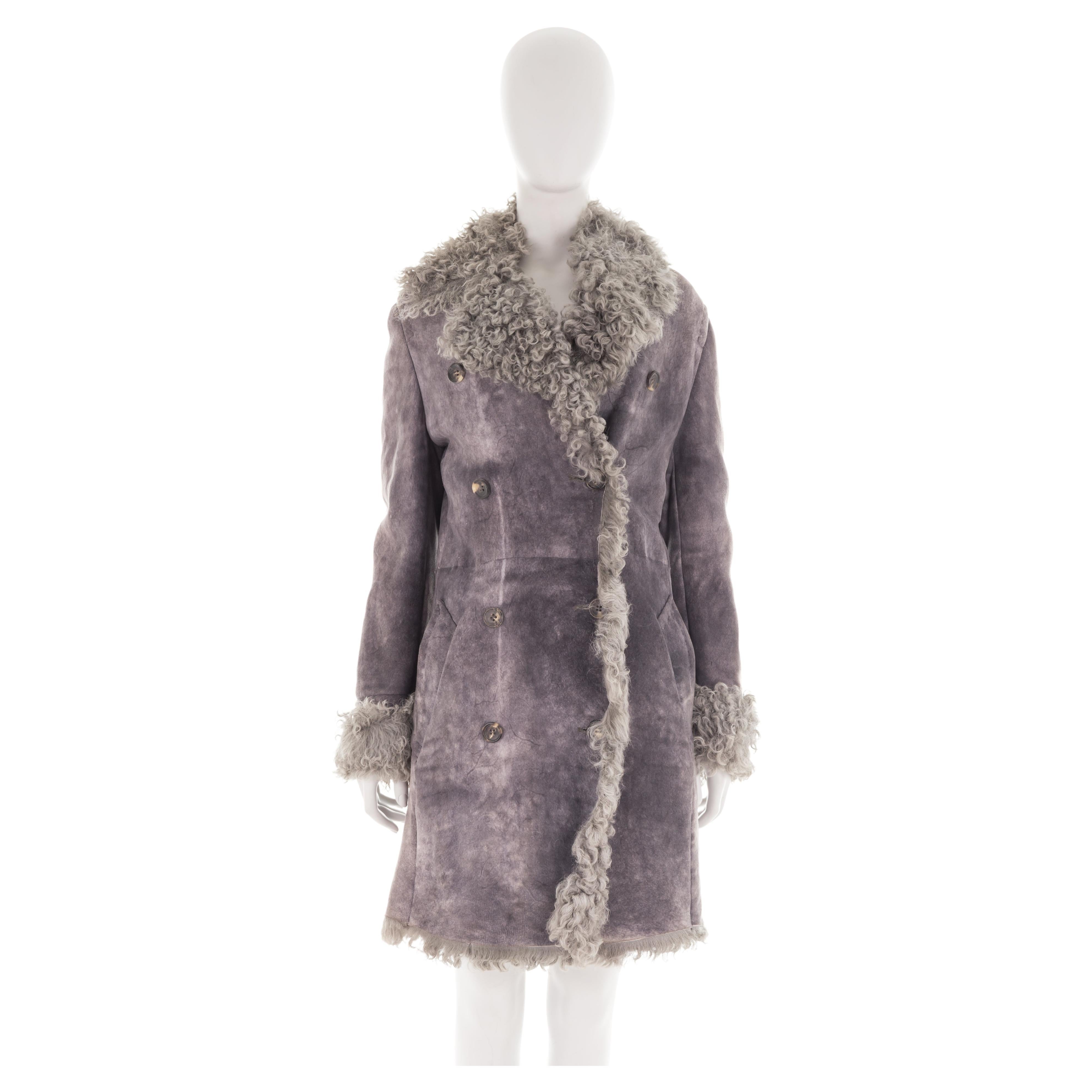 Max Mara F/W 2001 grey distressed shearling suede coat For Sale