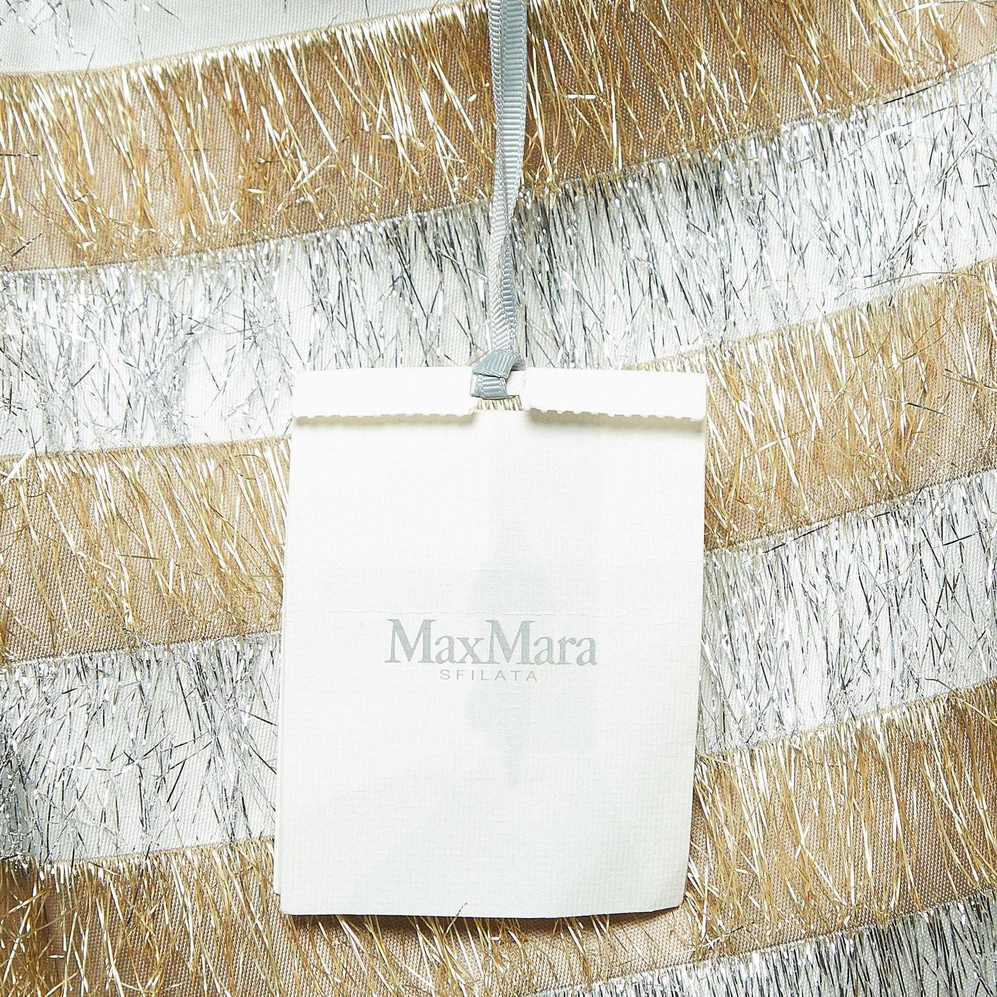 Max Mara Gold/Silver Metallic Fringed Crepe Gavetta Skirt S In Excellent Condition For Sale In Dubai, Al Qouz 2