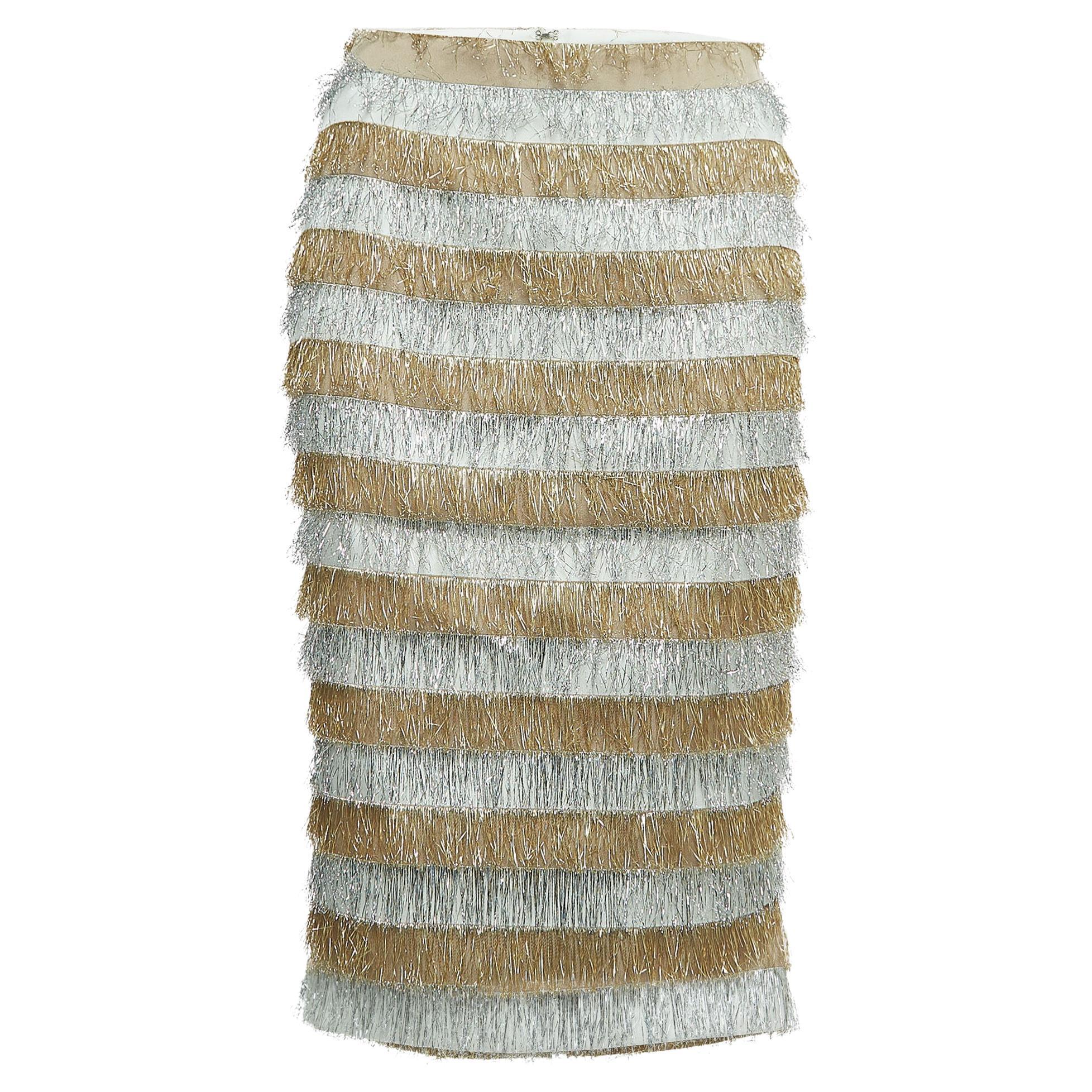 Max Mara Gold/Silver Metallic Fringed Crepe Gavetta Skirt S For Sale